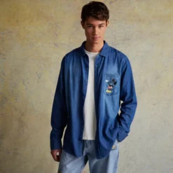 Mickey Mouse And Pluto Woven Chambray Shirt For Adults -Disney Sales 2403052050009M 2